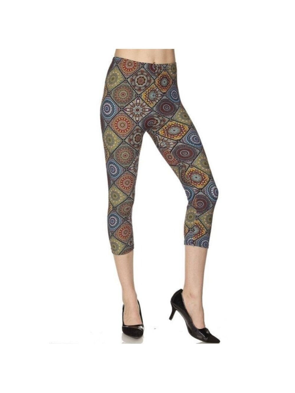LEGGINGS DEPOT BROWN & Green Multi Color Abstract Print Capris Size 12 NWT
